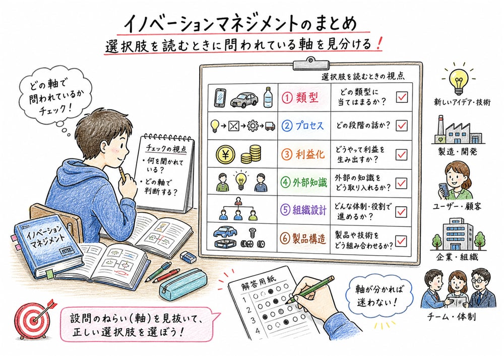 イノベーションマネジメントの選択肢判定軸を類型、プロセス、利益化、外部知識、組織設計、製品構造で整理した図解