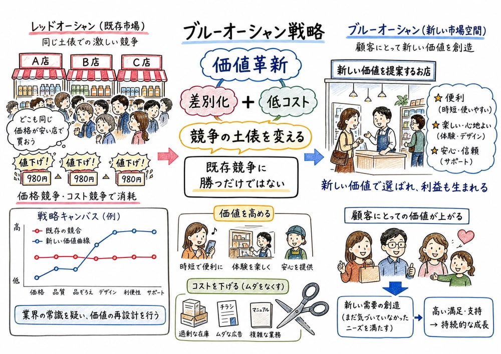 ブルーオーシャン戦略の価値革新と新市場創造を示す図解