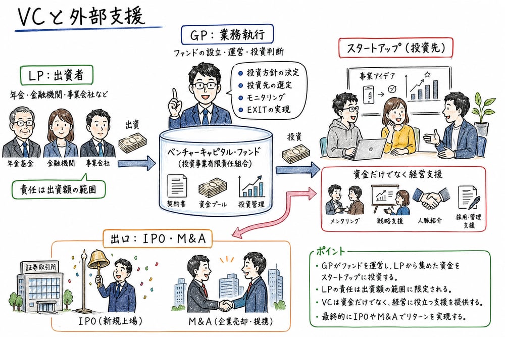VC、GP、LP、外部支援、出口戦略を示す図解