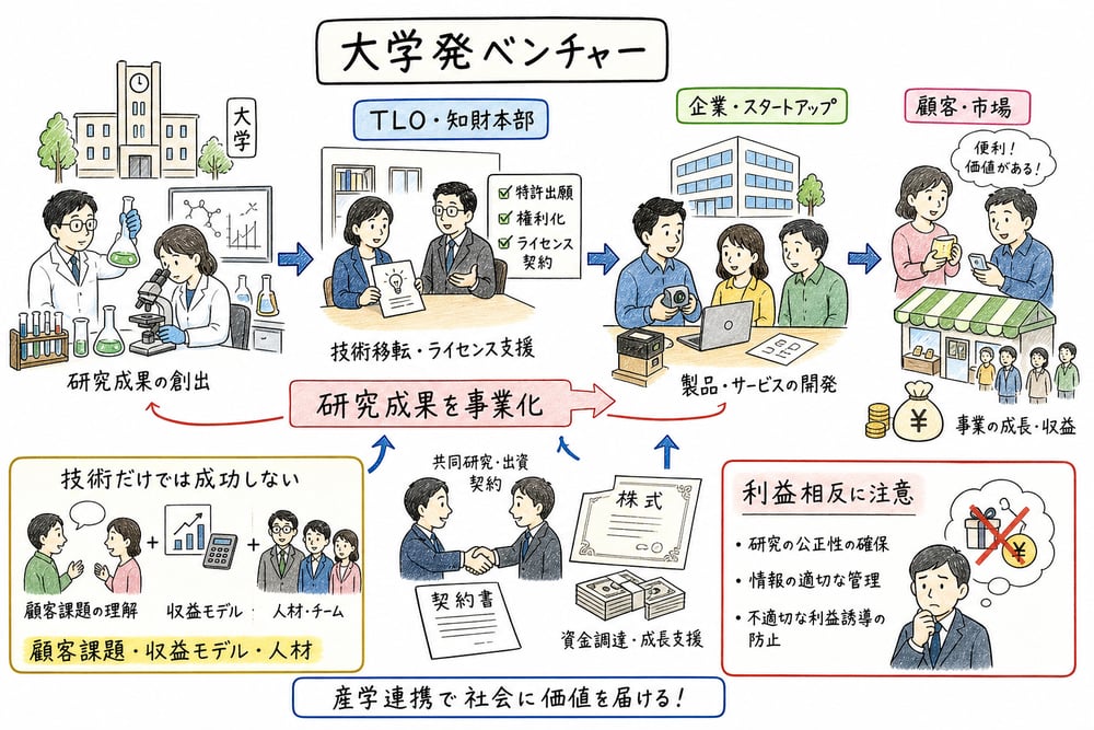 大学発ベンチャー、TLO、知財、事業化、利益相反を示す図解