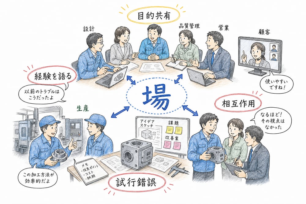 設計、生産、営業、品質管理、顧客が相互作用する知識創造の場の図解