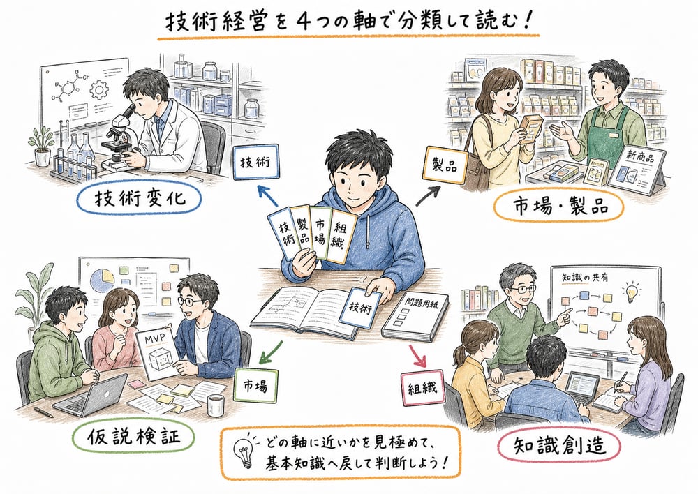 技術経営を4つの軸で分類して読む視点を示す図解