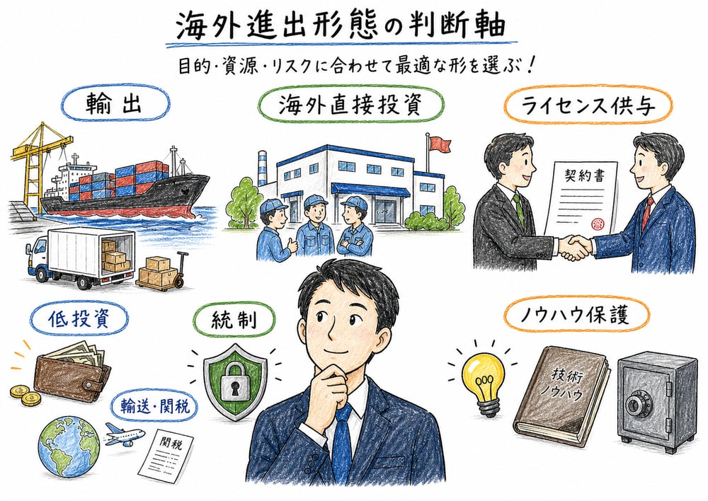 輸出、海外直接投資、ライセンス供与を比較する判断軸の図解