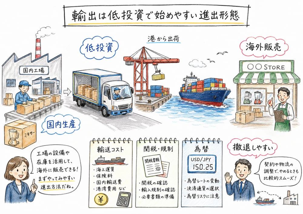 国内生産から海外販売へ向かう輸出のメリットと弱点の図解