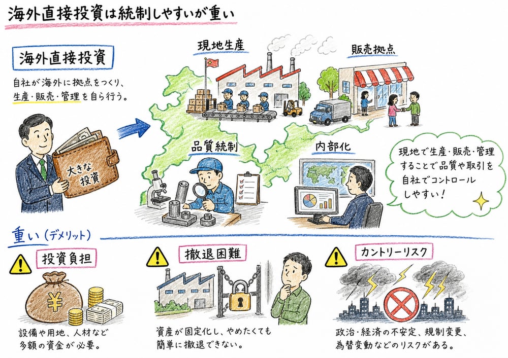 海外直接投資の統制メリットと投資リスクの図解