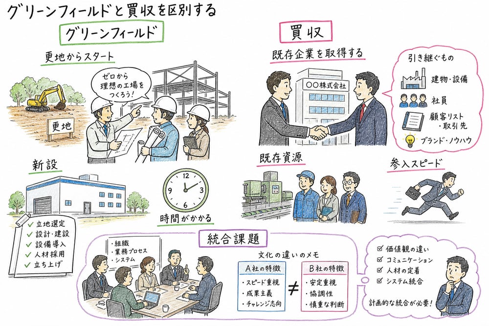 グリーンフィールド投資とクロスボーダーM&Aの違いの図解