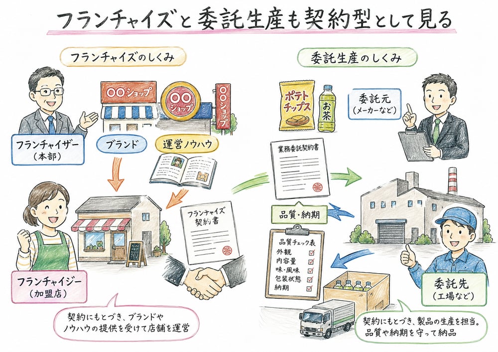 フランチャイズと委託生産を契約型進出として整理する図解