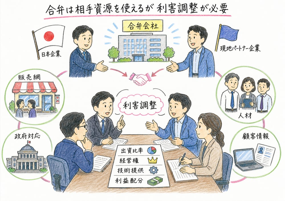 合弁会社で相手資源を使う利点と利害調整の必要性の図解