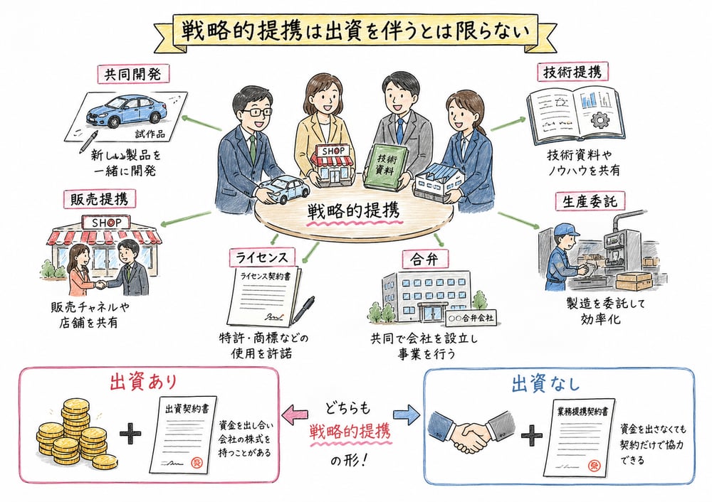 戦略的提携が出資の有無を問わない広い概念であることの図解