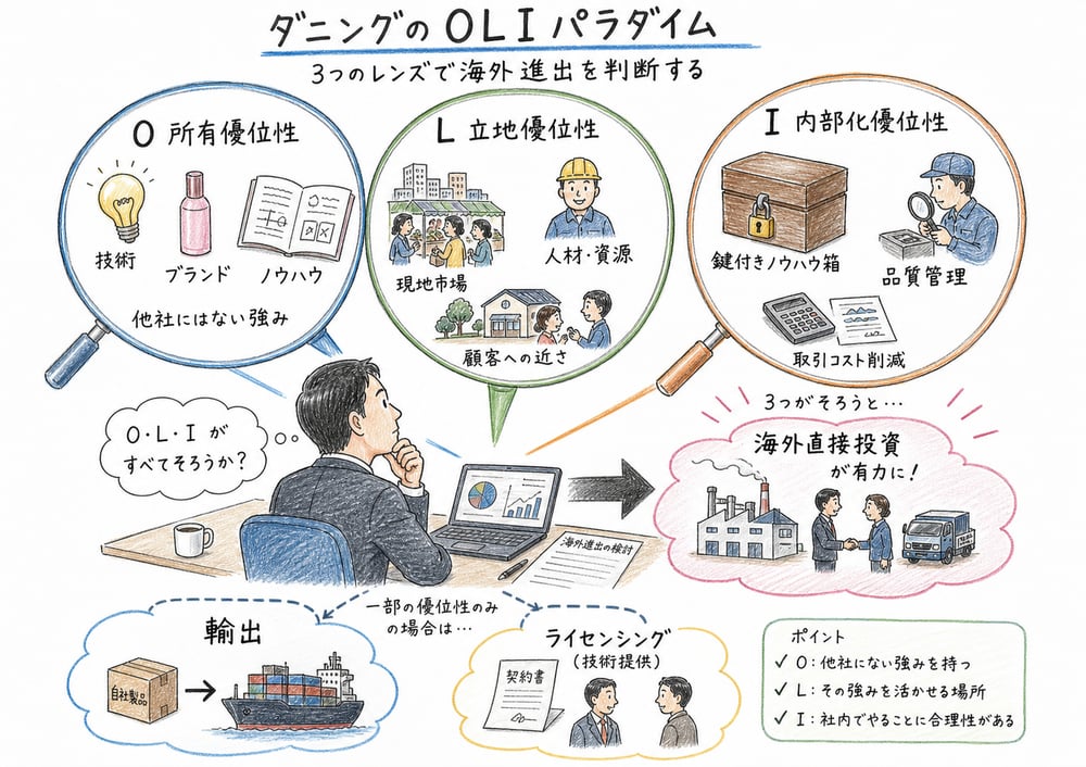 所有優位性、立地優位性、内部化優位性から海外直接投資を判断する図解