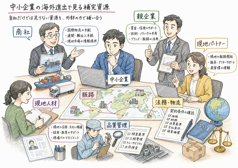 中小企業が商社、親企業、現地パートナーで不足資源を補う図解