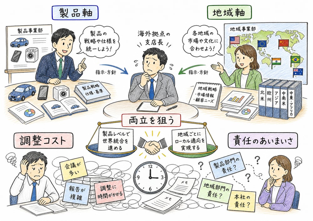 製品軸と地域軸を同時に持つグローバル・マトリックス組織の利点と調整コストを示す図解
