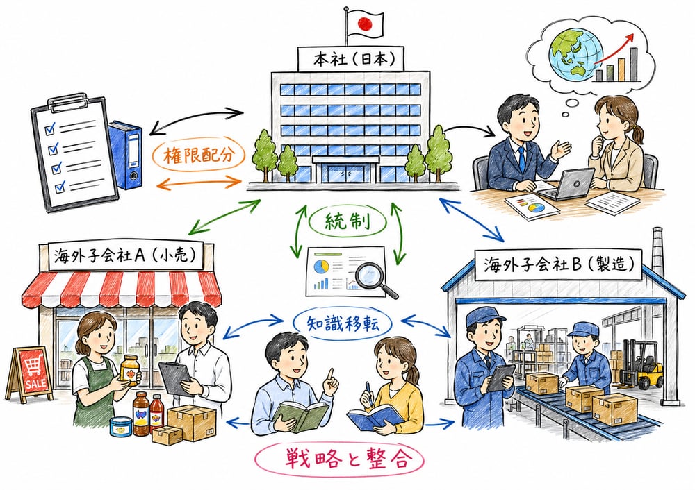 本社と海外子会社の権限配分・統制・知識移転の全体像