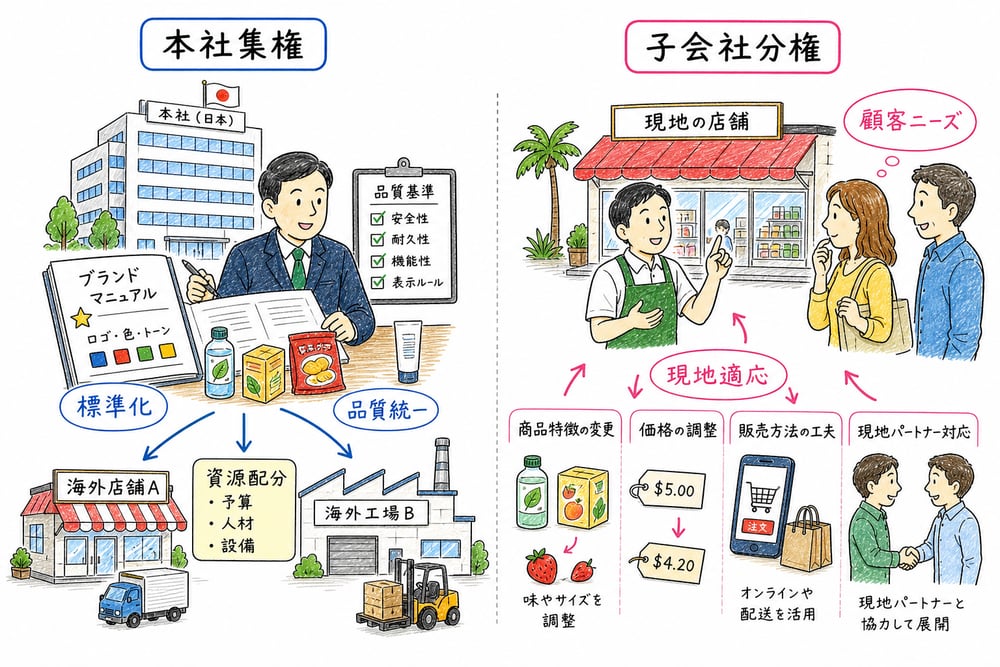 本社集権と子会社分権を標準化と現地適応で見分ける図解