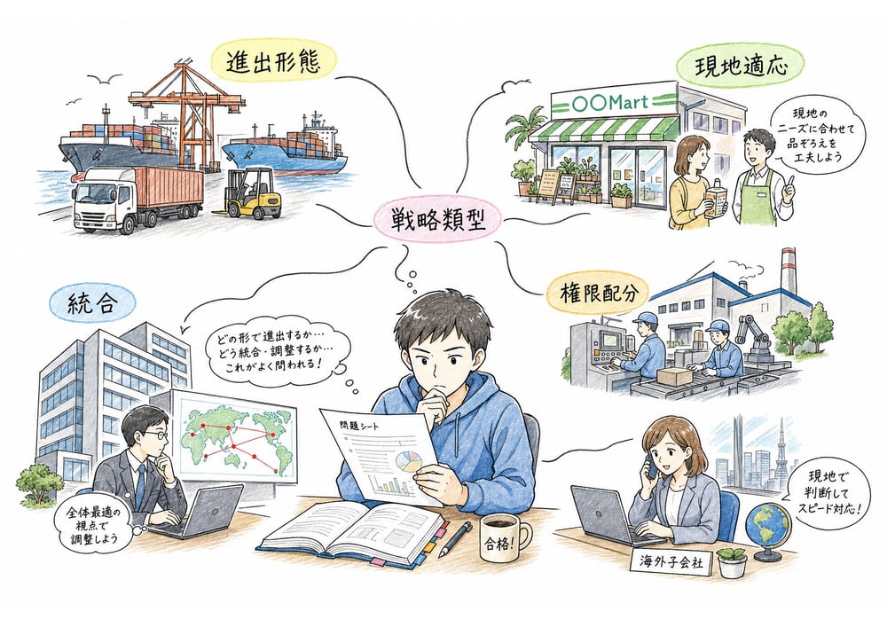 国際経営戦略の横断論点を進出形態、統合、現地適応、戦略類型、権限配分で整理する図解