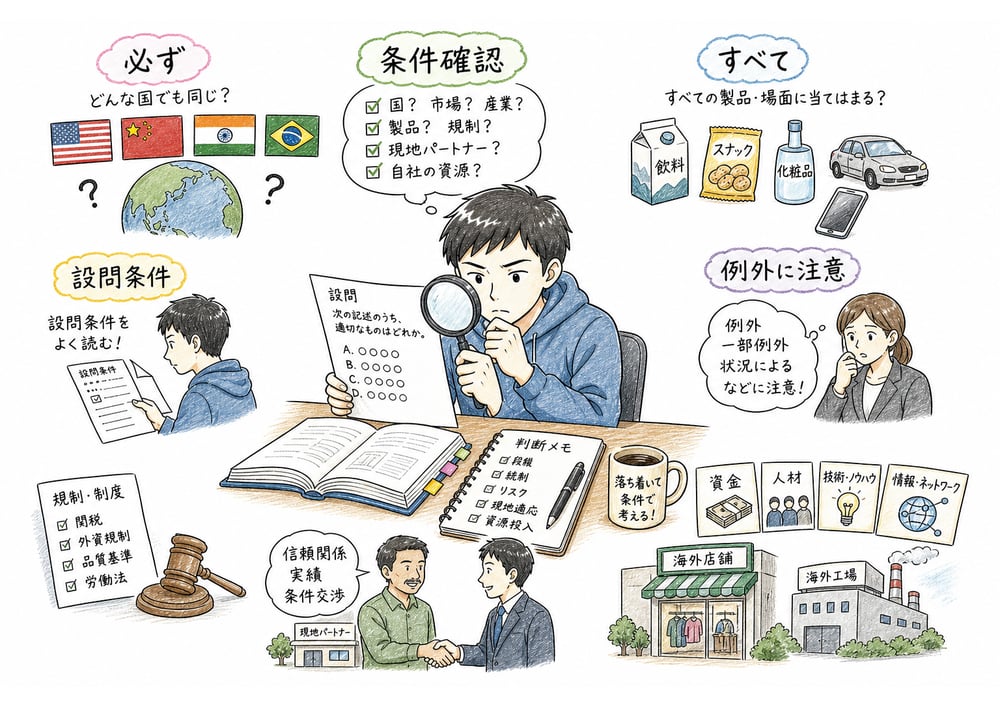 強い断定表現を設問条件と照合して確認する図解