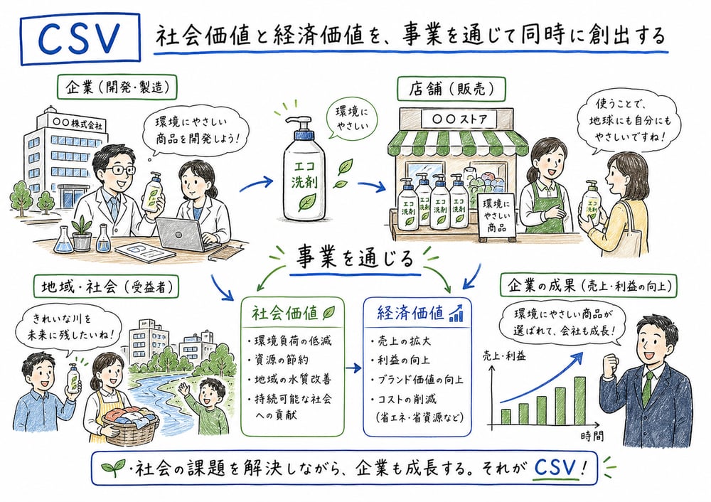 CSVは事業を通じて社会価値と経済価値を同時に創出するという要点