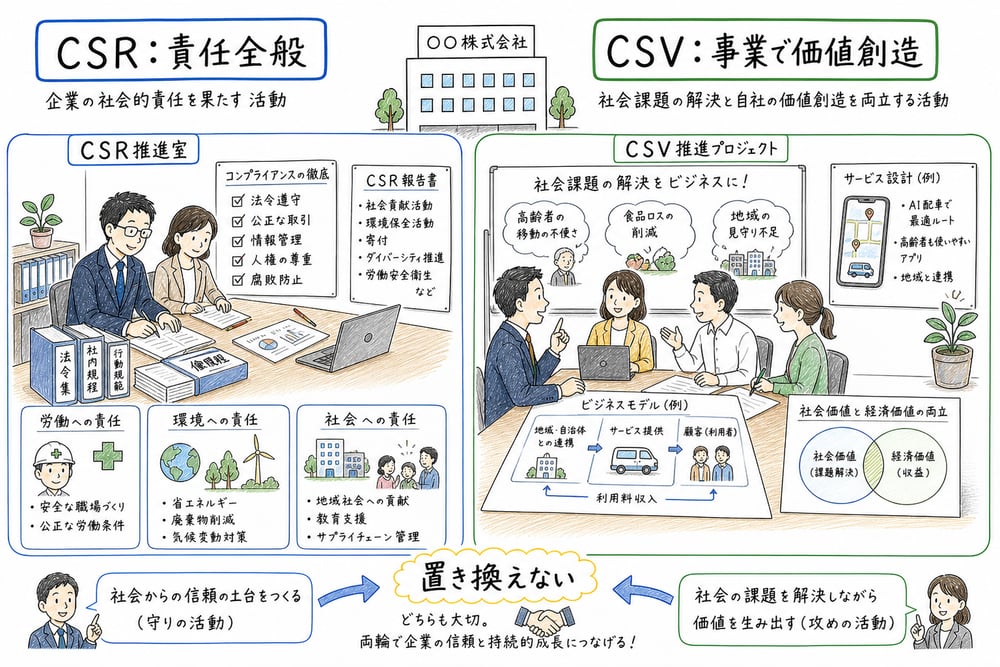 CSRは責任全般でCSVは事業を通じた価値創造であるという違い