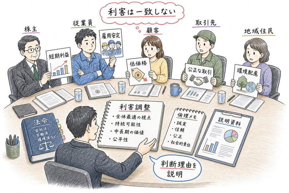 ステークホルダーの利害の衝突と調整を示す図解