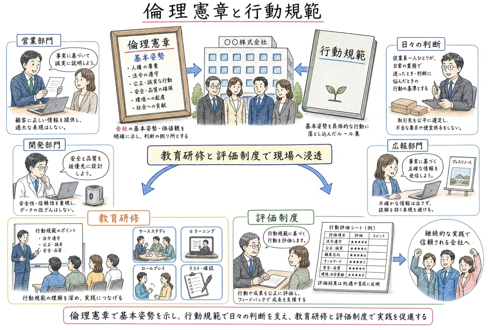 倫理憲章と行動規範を教育研修や評価制度で現場へ浸透させる流れ