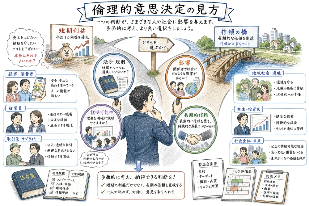 倫理的意思決定で法令や関係者影響などを確認する判断軸