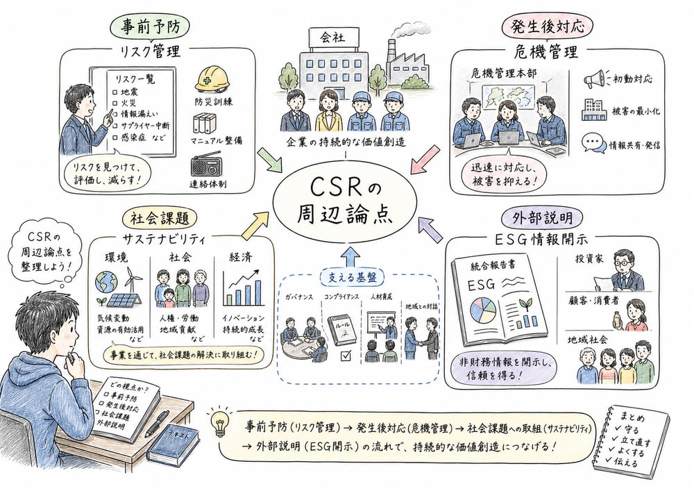 危機管理、リスク管理、サステナビリティ、ESG情報開示をCSR周辺論点として整理する図解