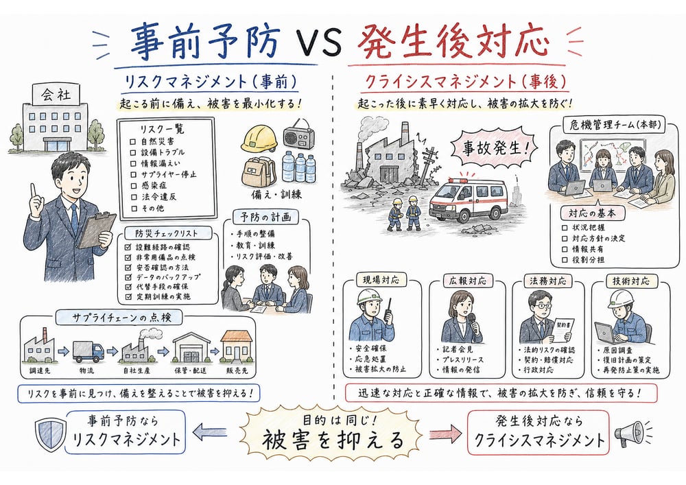 事前予防のリスクマネジメントと発生後対応のクライシスマネジメントを対比する図解