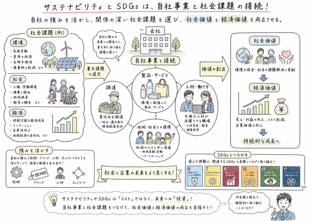 サステナビリティとSDGsを自社事業と社会課題の接続として示す図解