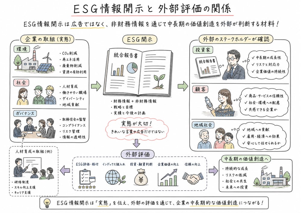 ESG情報開示が非財務情報を通じた外部評価の材料になることを示す図解