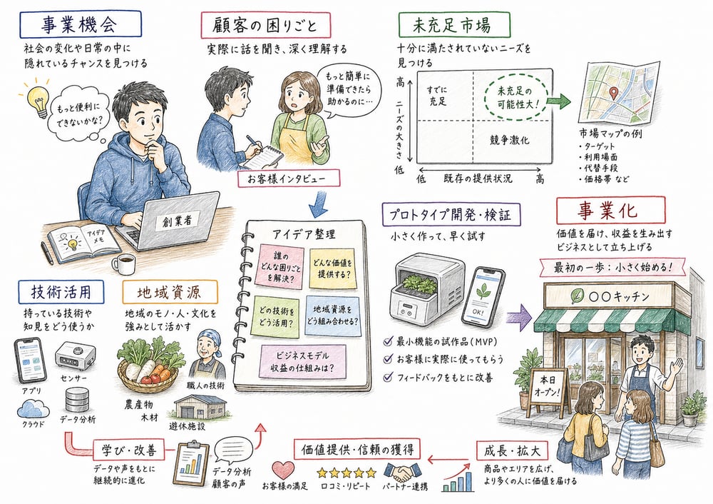 顧客の困りごと、未充足市場、技術、地域資源から事業機会を見つけ事業化する流れの図解