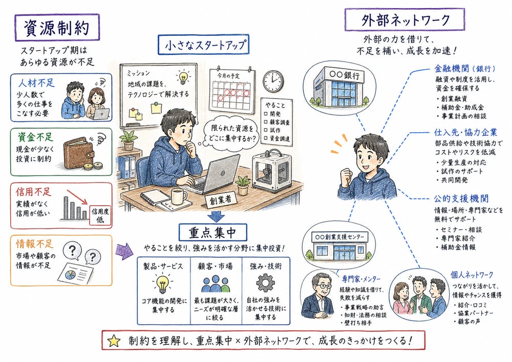 創業期の人材不足、資金不足、信用不足、情報不足と外部ネットワーク、重点集中を示す図解