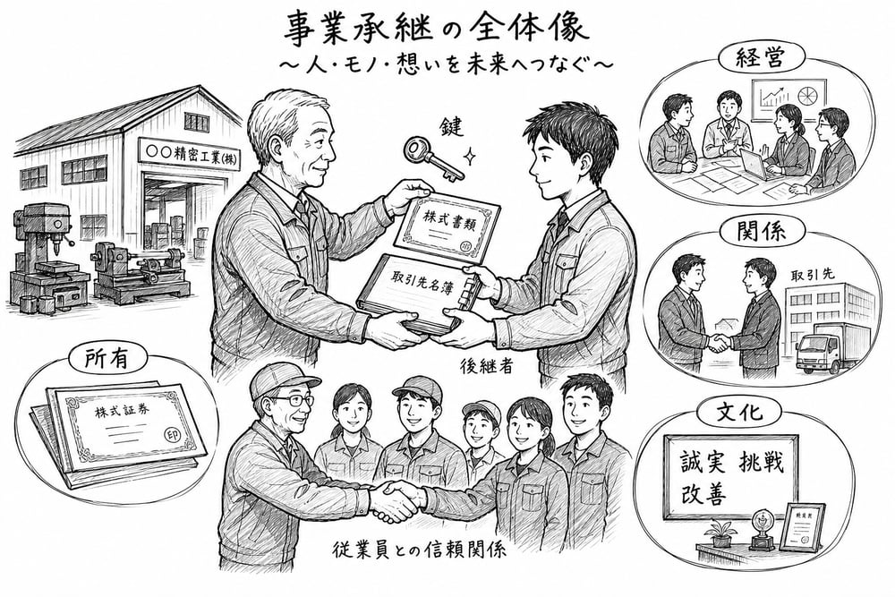 事業承継で所有、経営、関係、文化を後継者へ引き継ぐ全体像