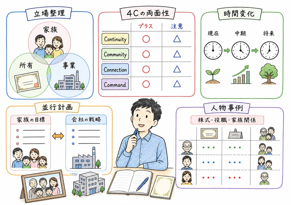 ファミリービジネス分析枠組みの使い分けをまとめる図解
