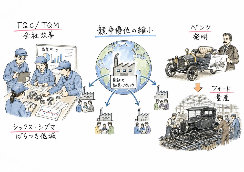 品質経営、競争優位の縮小、自動車史の人物対応を一望する図解