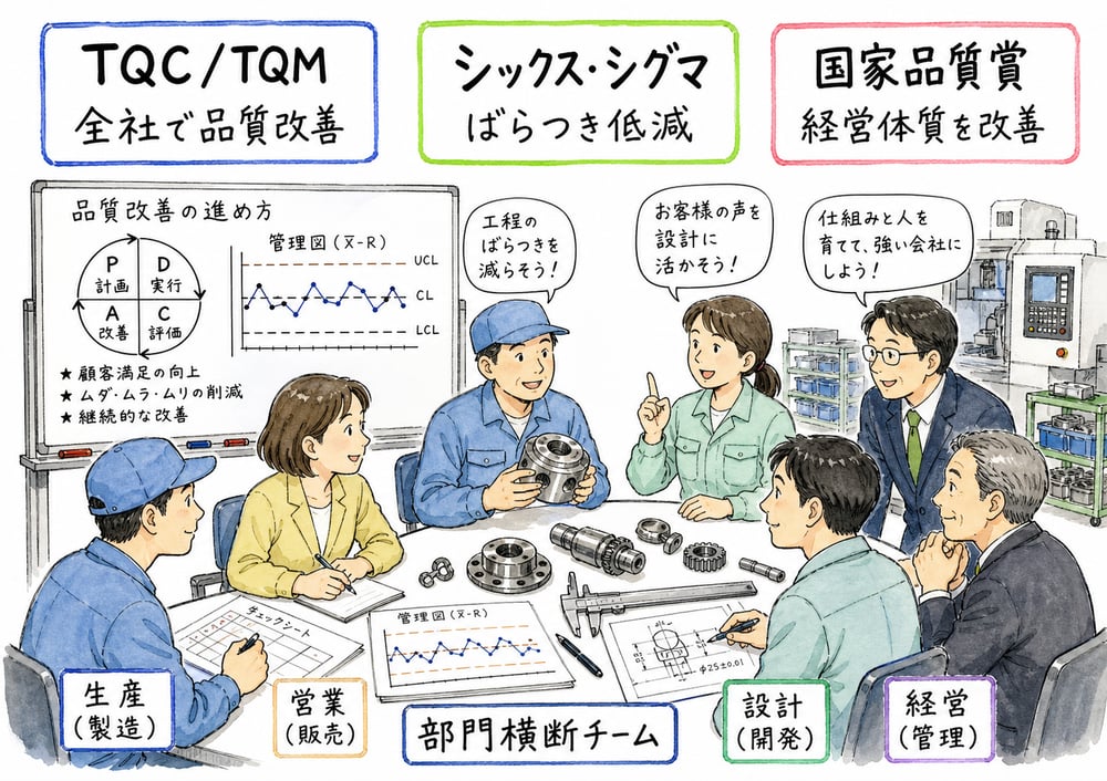 TQC/TQM、シックス・シグマ、国家品質賞、部門横断チームの違いを示す図解