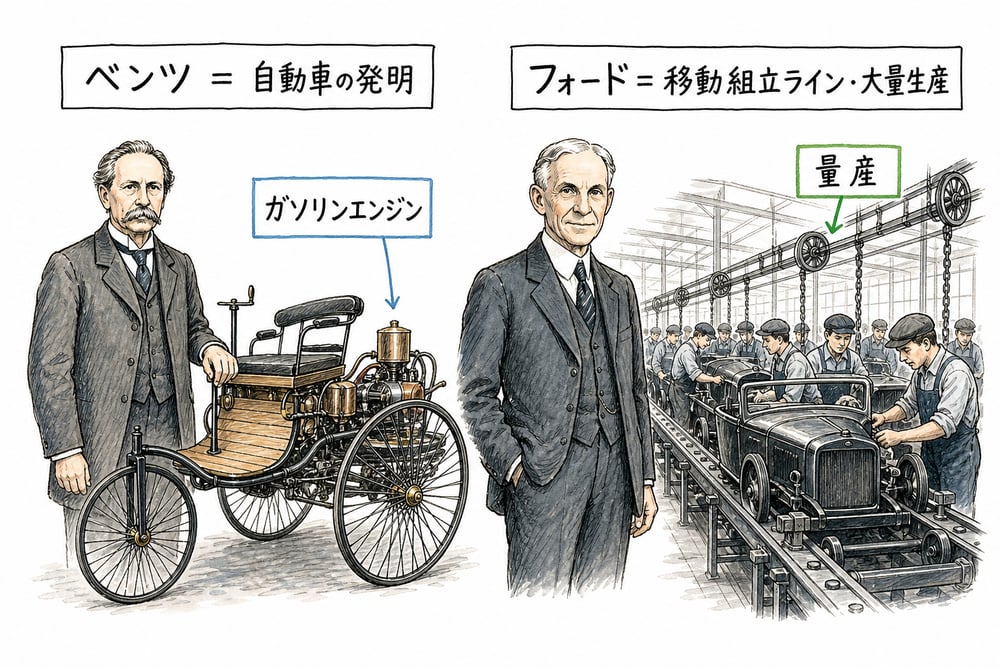 ベンツは自動車の発明、フォードは移動組立ラインによる大量生産と対応させる図解