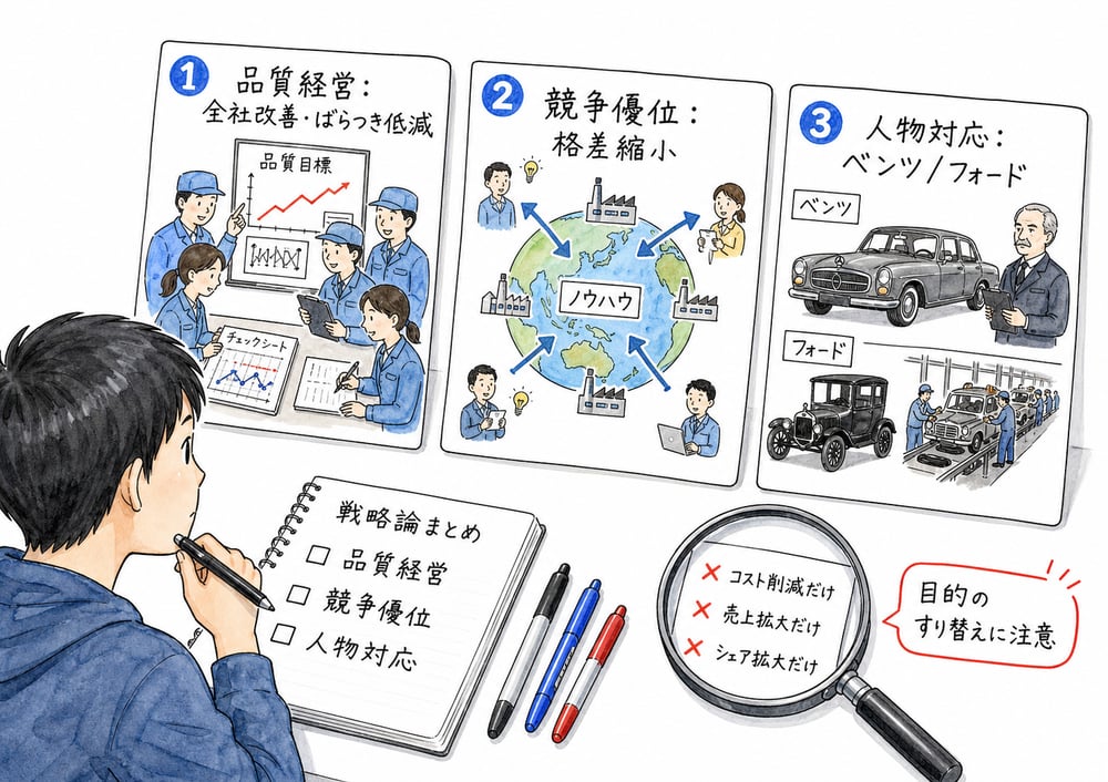 品質経営、競争優位、人物対応の選択肢判断ポイントをまとめた図解