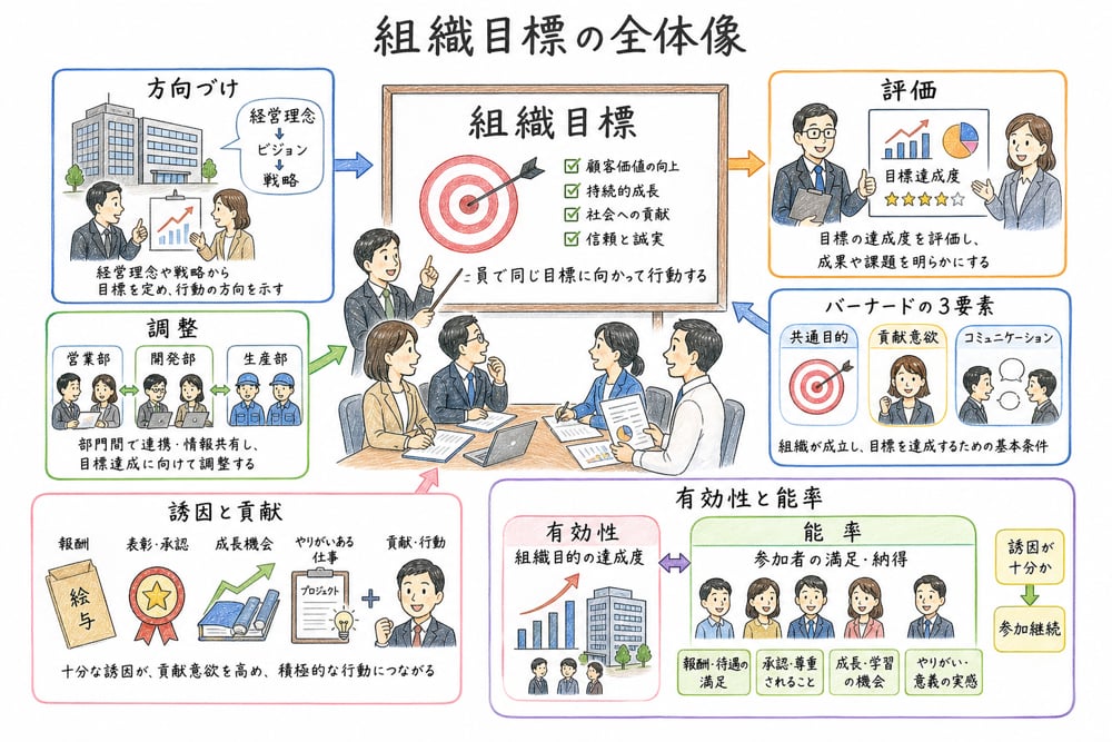 組織目標の全体像を、方向づけ、調整、評価、共通目的、誘因と貢献、有効性と能率で整理した図解