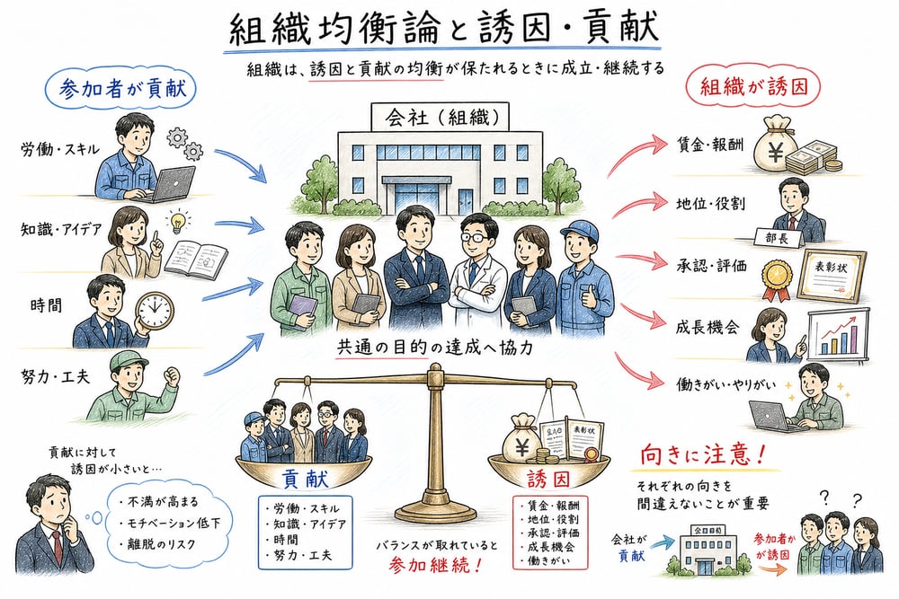 組織均衡論を、参加者が貢献し、組織が誘因を与える関係として示した図解
