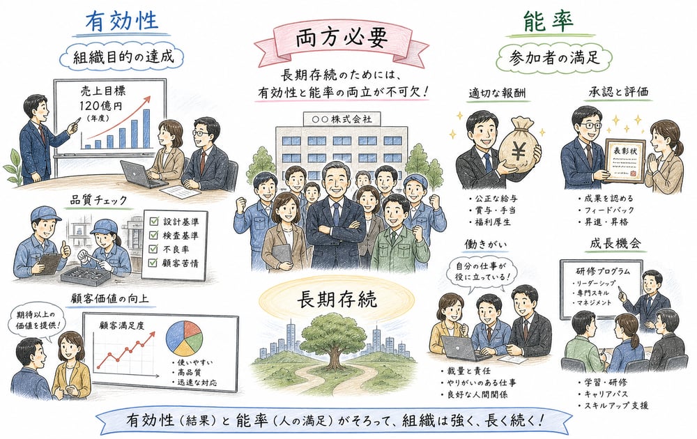 有効性と能率を、組織目的の達成と参加者の満足・納得で切り分けた図解