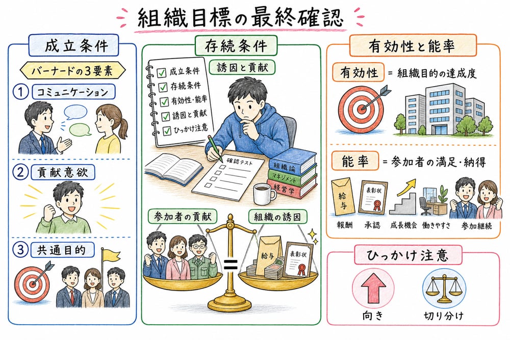 組織目標の最終確認として、成立条件、存続条件、有効性と能率の切り分けを整理した図解