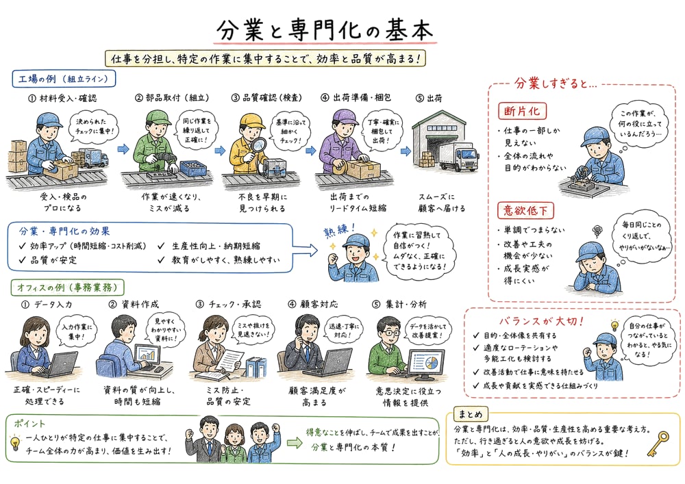 仕事を分けて専門化すると効率と断片化が生じることを示す教材図