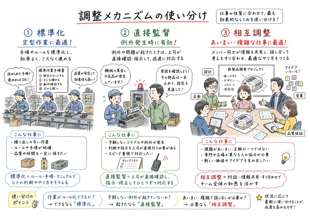 標準化、直接監督、相互調整を仕事の性質で使い分ける教材図