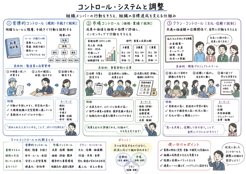 官僚的、市場、クランの三つのコントロールを比較する教材図