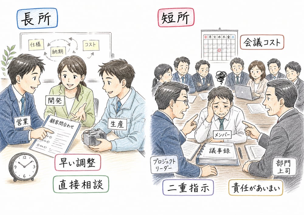 横断的関係の早い調整と調整コストや責任のあいまい化を対比する図解