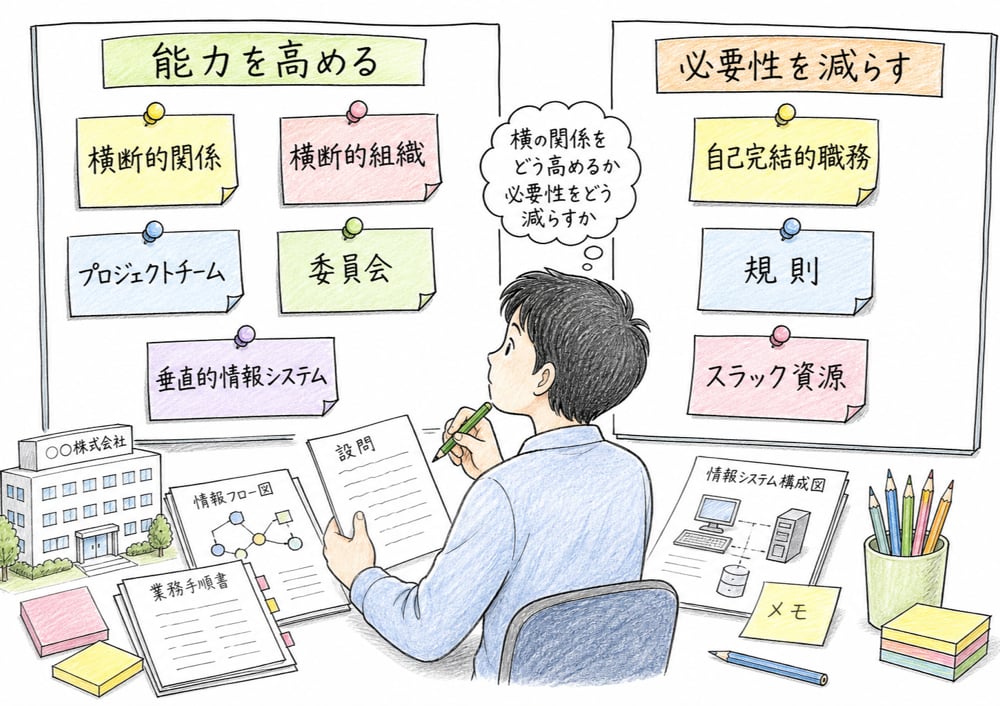 横断的関係を能力向上側、自己完結的職務やスラック資源を必要性低減側へ仕分ける図解