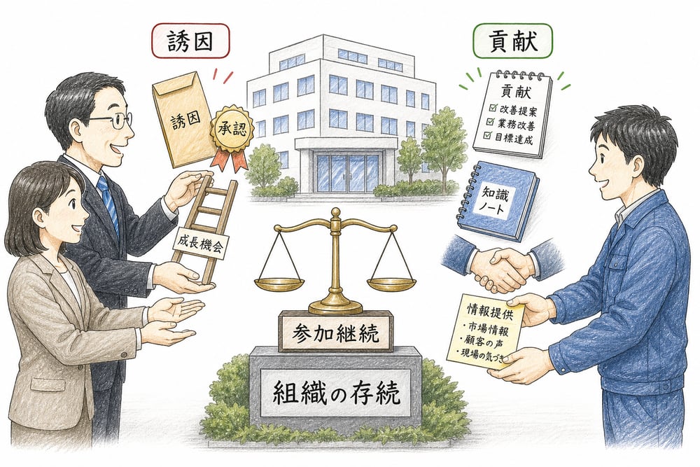 組織均衡を誘因と貢献の交換関係で見る図解