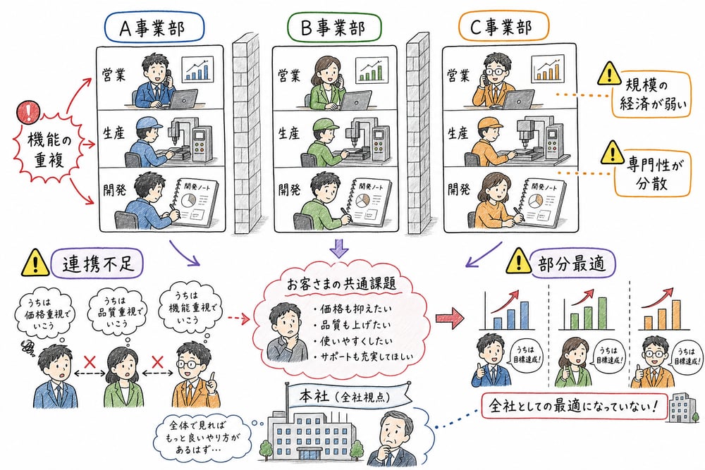 事業部制の短所である機能重複、規模の経済低下、部分最適を整理する図解