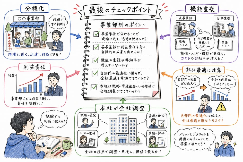事業部制組織の長所短所と本社の役割を最終確認する図解