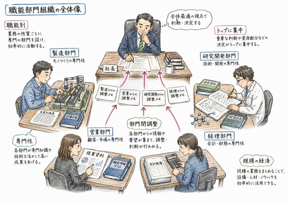 職能部門組織で専門性と部門間調整が同時に論点になることを示す図解